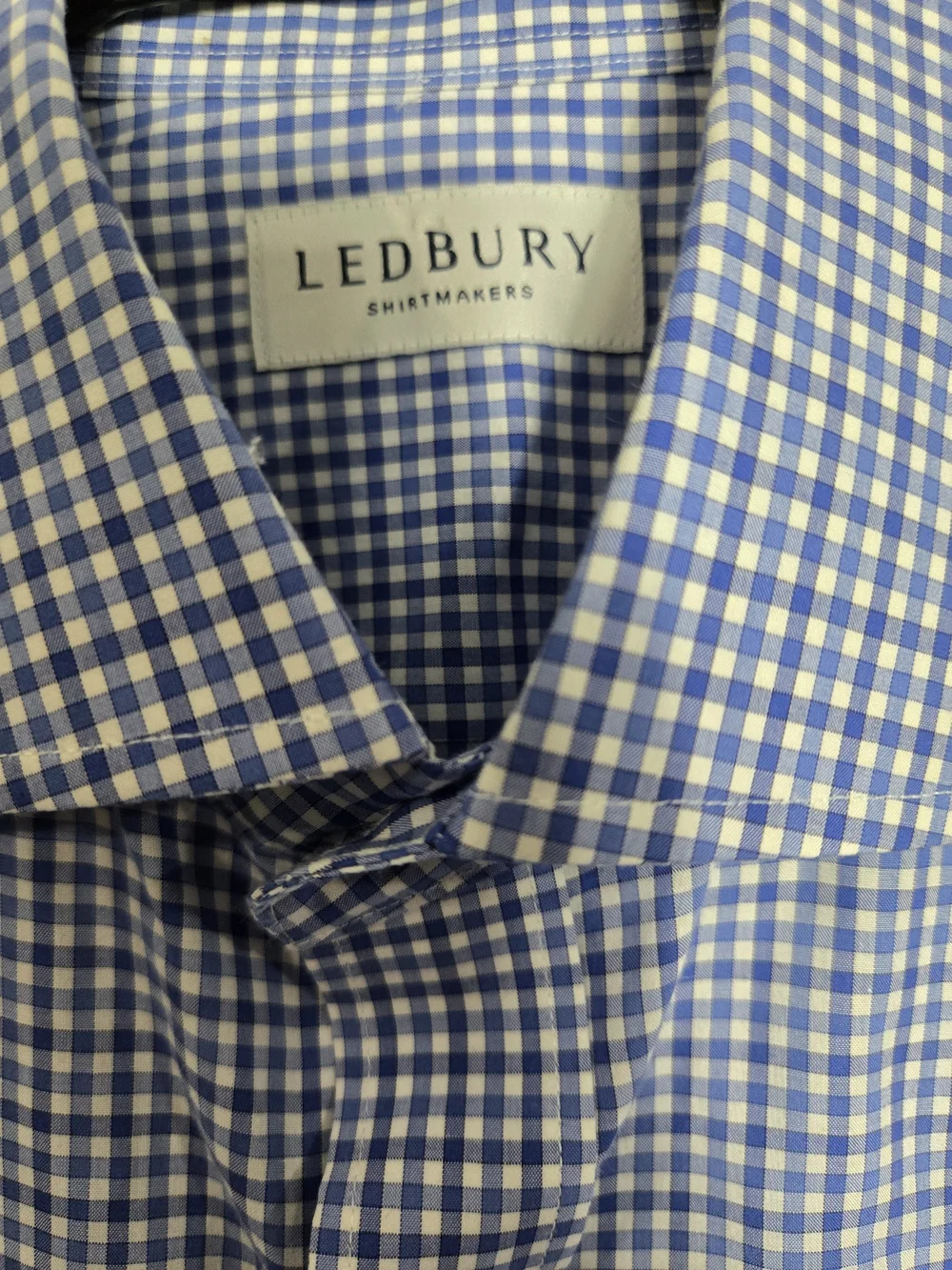 Ledbury Blue Gingham Small Check Dress Shirt Classic Cotton Spread Collar 15.5 - Picture 2 of 13